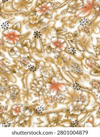 An intricate abstract textile pattern featuring fluid, wave-like distortions of floral and paisley-inspired motifs