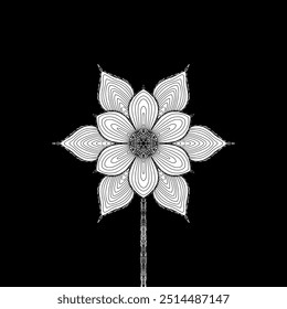 Intricate black and white line art of a symmetrical flower with detailed patterns on the petals. Ideal for floral art and tattoo design enthusiasts. - Powered by Shutterstock