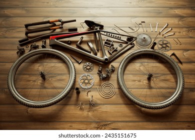 An intricate display of disassembled bicycle parts meticulously spread on a wooden floor, highlighting the elements for bike repair and assembly. - Powered by Shutterstock