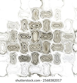 An intricate grid of swirled patterns, featuring oval shapes and interconnected loops. The design blends soft, neutral tones, creating an abstract and harmonious visual effect.