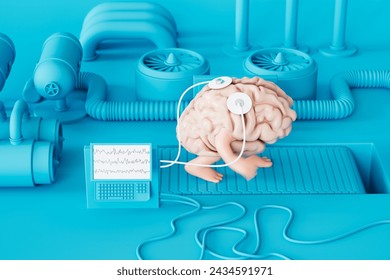 Intricate illustration of a human brain connected to advanced diagnostic machines, depicted in a striking monochromatic blue tone, symbolizing cutting-edge neurological research. - Powered by Shutterstock