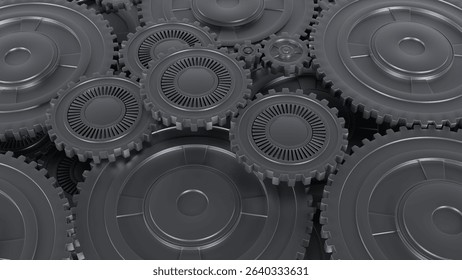An intricate overhead view of numerous dark, metallic gears interlocked, creating a complex and dynamic system representing teamwork and precision.