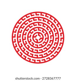 Intricate red circular pattern with concentric geometric shapes and symbolic centerpiece