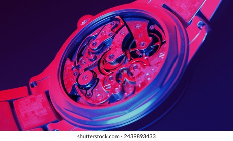 An intricate view on the inside of a mechanical watch, displaying its gears and mechanisms in striking red and blue tones, highlighting the art of precision engineering. - Powered by Shutterstock