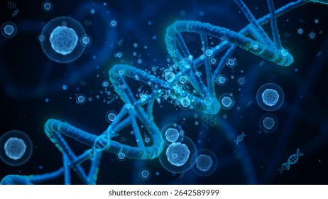 Intricate Visualization of DNA Helix with Glowing Blue Molecules Background