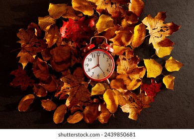 An intricately composed image capturing a red alarm clock nestled amongst vividly colored autumn leaves, symbolizing the intricate dance between time and the ephemeral beauty of life's seasons. - Powered by Shutterstock