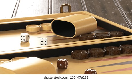 An intricately designed backgammon set including a foldable board with a leather and wood finish, complete with playing pieces, rolling cups, and dice.