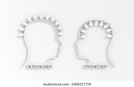 Introvert and extrovert comparison. Human heads with arrow. Different character social individuality with feelings and emotions expression or holding them inside 3D render. 3D Illustration
