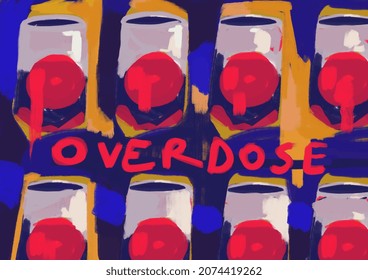 Inventive Tomato With Overdose Text Duplicated In The Style Of Andy Warhol And Pop Art, Mix-media Artwork, 80s Hip Hop Graffiti. Gorgeous Painting With Contrasting Color. Artwork For Print