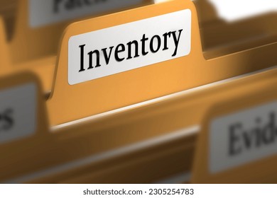 Inventory word on file folder tab, 3d rendering