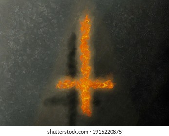 An inverted fire cross on a dark background. Artistic work on the theme of religion