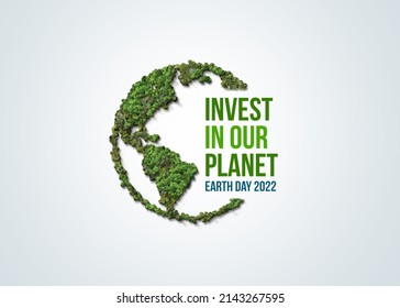 Invest in our planet. Earth day 2022 3d concept background. Ecology concept. Design with 3d globe map drawing and leaves isolated on white background. 