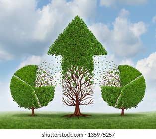 Investing for growth business concept with trees shaped as a financial pie chart transferring and lending assets to a growing arrow shaped plant as an idea of growing wealth strategy on a sky. - Powered by Shutterstock