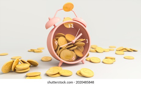 Investing money to grow in time. 3D conceptual illustration of scattered coin and saving into alarm clock-shaped piggy bank among. White background with room for text for designers.