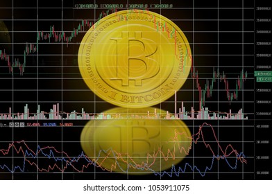 Investing And Stock Market Concept Gain And Profits With Faded Candlestick Charts.Bitcoin Currency Rising Arrow Price Record Highs On Keyboard Computer With Golden Bitcoin And Other Currencies.