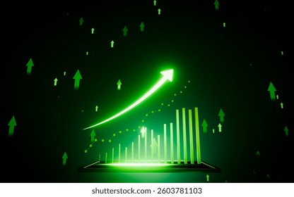 Investing in the stock market is profitable. Bull market. Green bar chart. Green glowing arrows are rising, meaning profit from investment. 3D Rendering