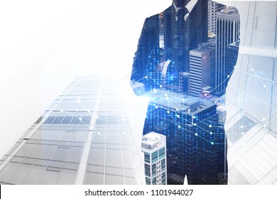 Investment, Broker And Economy Concept. Businessman On Abstract City Background With Forex Chart. Double Exposure 