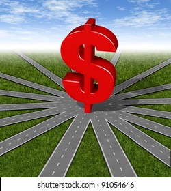 Investment Choices And Financial Strategies With A Red Money Symbol As A Network Of Connected Roads And Highways Merging To A Center Point Showing The Difficult Problem In Selecting A Business Plan.