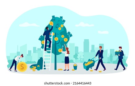 Investment concept. People growing money on trees. Businessman and woman picking cash from plants. Workers get financial profit, income. Characters holding wheelbarrows with banknotes and coins 
