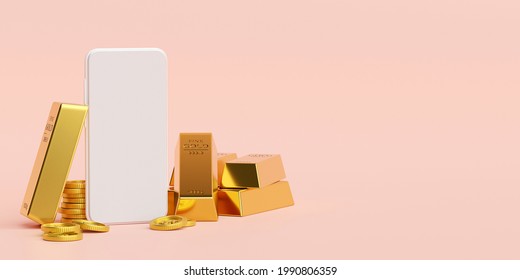 Investment Concept, Smartphone Mockup With Gold Bars And Dollar Coin, 3d Illustration