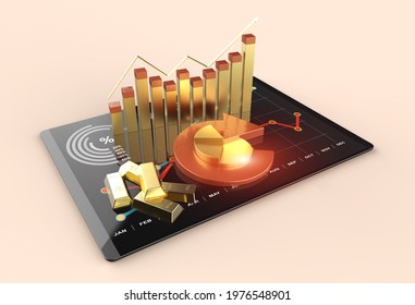 Investment In Gold In Financial Markets Commodities. Golden Bars With Chart And Rising Value Arrow Background. Economic Analysis And Prediction Of Price Growth In Tablet 3D Illustration