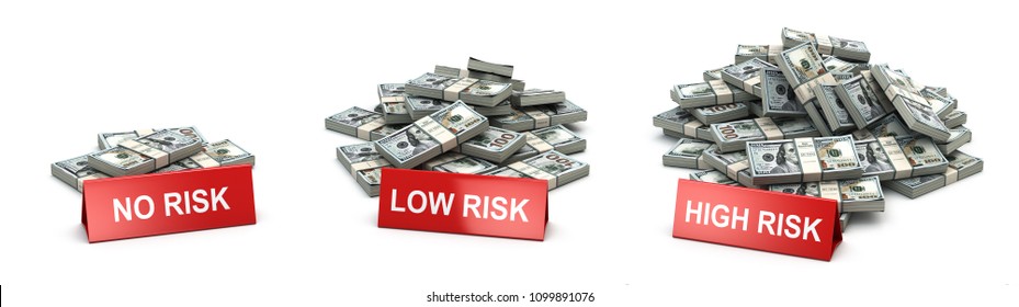 Investment And Level Of Risk Concept. Heaps Of  Packs Of Dollars And  No Risk Low And Hogh Risk Signs. 3d Illustration