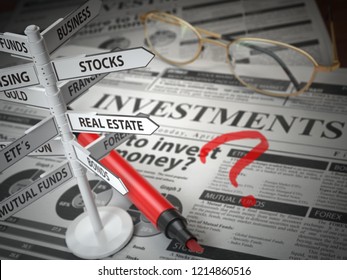 Investmments And Asset Allocation Concept. Where To Invest? Newspaper And Direction Sign With Investment Options. 3d Illustration