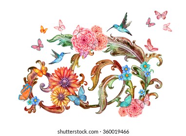 invitation card with abstract floral bouquets with butterflies, birds. watercolor painting. - Powered by Shutterstock