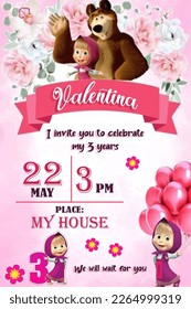 invitation card for a girl with the theme of masha and the bear