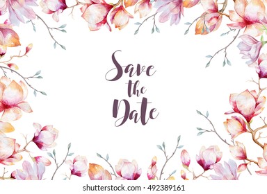 Invitation card with watercolor peony elements. Rustic boho Wedding collection. Save the date with peonies backgraund. Blossom spring bohemian decoration.