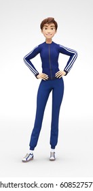 Inviting And Happy Jenny - 3D Cartoon Female Character Sports Model - Smiling And Kind In Relaxed Manner, In Athletic Gym Sweat Suit, Isolated On White Spotlight Background