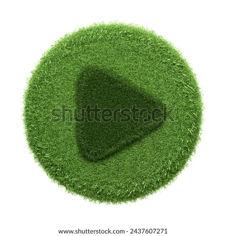 An inviting play button icon enveloped in green grass isolated on a white background, symbolizing the blending of digital entertainment with eco-conscious living. 3D render illustration
