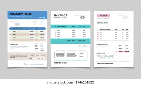 Invoice Template. Bill Receipt Design, Quotation Invoicing And Sale. Customer Order Agreement Form Set