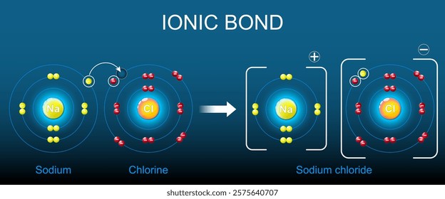 Ionic bond structure. Formation of NaCl. Cation and Anion. Electron transfer. Valence electron. Ionic compound. illustration. 