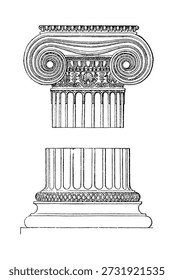 Ionic order capital and base from the Temple of Athena in Athens. The drawing showcases classical Greek architectural elements and details, old vintage illustration, 1897.