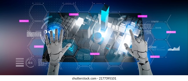 IoT Smart City Infrastructure Technology Automated AI Robot Industry, 3D Robot Working On City Virtual Planning Building Architecture Landscape Design, Digital Transforming Solution.