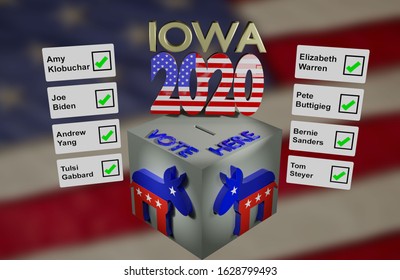 Iowa Caucuses Democrats Ballot Box Candidate List Flag Background 3D Illustration