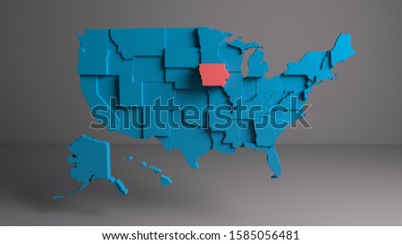 IOWA - State map with 3D rendering of the United States.
