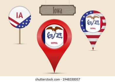 Iowa US State Round Flag. Map Pin, Red Map Marker, Location Pointer. Hanging Wood Sign In Vintage Style. Illustration. American Stars And Stripes Flag. Two-letter State Abbreviation.