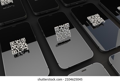 IPhone 13 Pro Max Production And Qr Code A Track And Trace Concept. 3d Smartphone And Qr Coding 