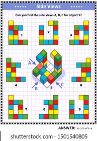 IQ, Memory And Spatial Reasoning Training Educational Math Puzzle With Building Blocks: Can You Find The Side Views A, B, C For Object 5? Answer Included.