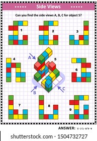 IQ, Memory And Spatial Reasoning Training Educational Math Puzzle With Building Blocks: Can You Find The Side Views A, B, C For Object 5? Answer Included.