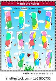 IQ And Spatial Reasoning Skills Training Visual Puzzle With Colorful Balloons: Match The Halves Of Picture Cards. Answer Included.