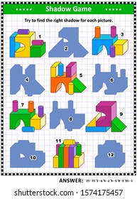 IQ And Spatial Reasoning Training Visual Puzzle Or Picture Riddle: Try To Find The Right Shadow For Every Building Blocks Construction. Answer Included.