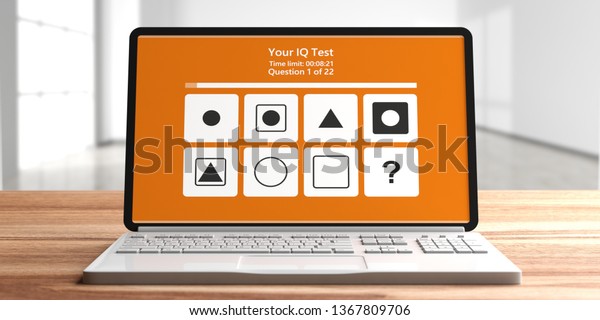 Iqテスト 空の部屋の背景にぼかした コンピューターのノートパソコン画面のオンラインインテリジェンステストフォーム 3dイラスト のイラスト素材