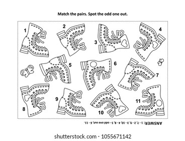 IQ Training Visual Logic Puzzle And Coloring Page With Old Style Boots. Match The Pairs. Match The Pairs. Spot The Odd One Out. Answer Included.