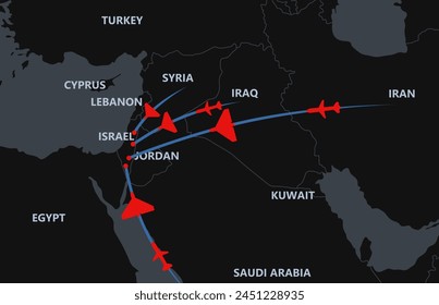 Iran attacked the territory of Israel. Launching missiles into the territory of Israel. The war in Israel on the map, the direction of missiles. Arab countries launch rockets. Israel's air defense.