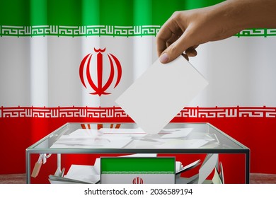 Iran-Flagge, Hand, die die Wahlurne in eine Box fällt - Abstimmung, Wahlkonzept - 3D-Abbildung