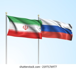 Iran Flag With Russia Flag, 3D Rendering With A Blue Sky Background 