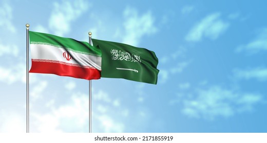 Iran Flag With Saudi Arabia Flag, 3D Rendering With A Cloudy Background